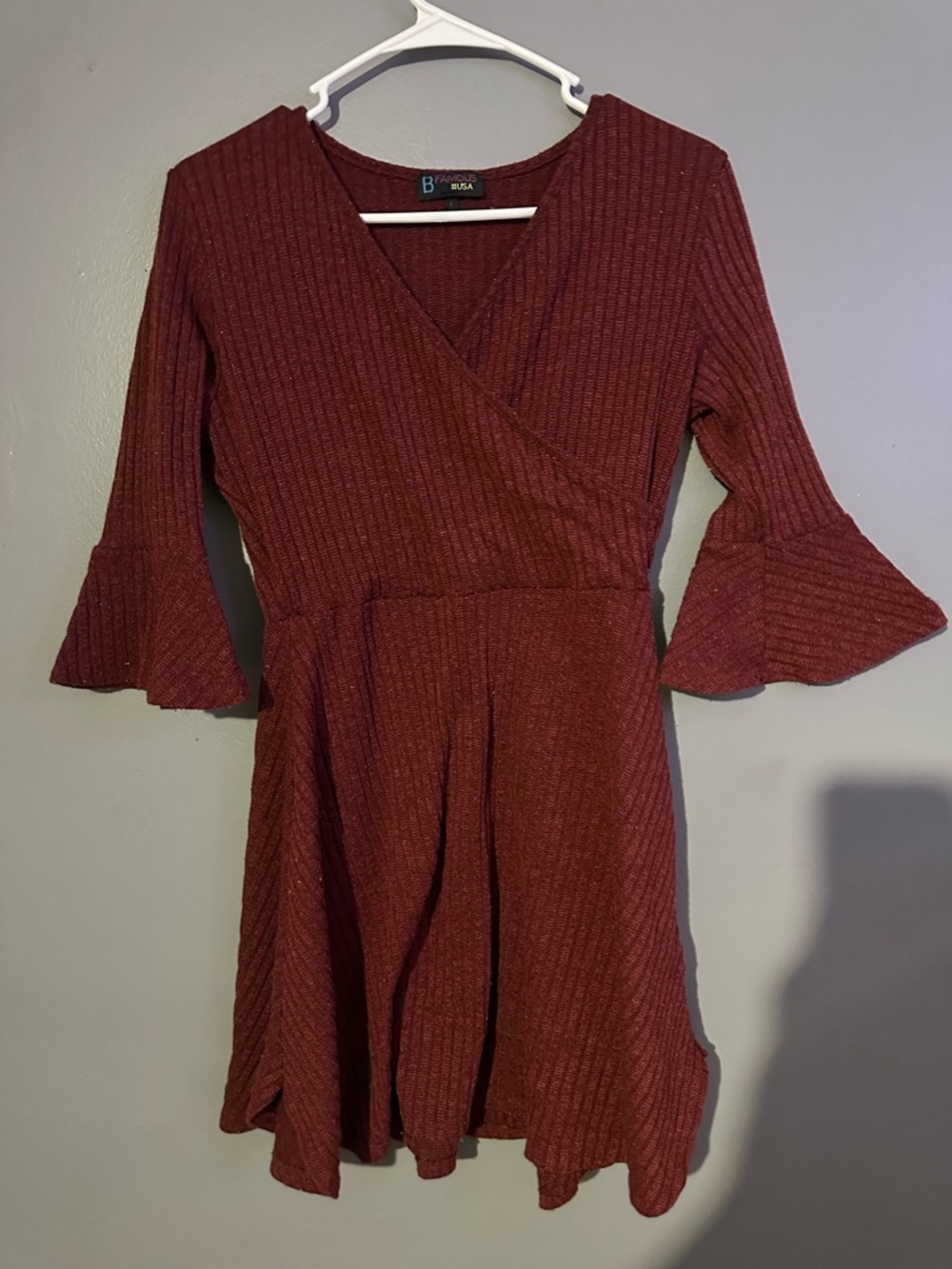 B Famous Wine Ribbed Wrap-Style Midi Dress with Fluted Sleeves